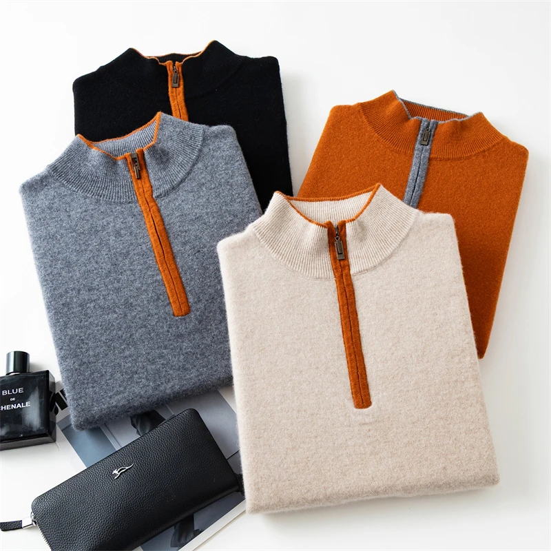 Men's 100% Cashmere Pullover Sweater Autumn/Winter Business Leisure Color Block Knitted Loose Fit Half High Collar Zipper Top - Detail 1