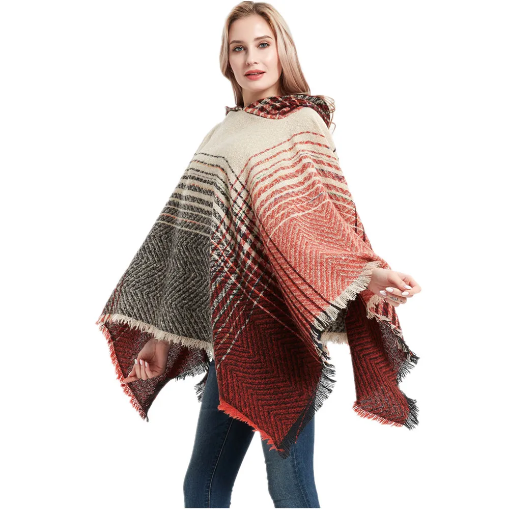 Spring Autumn New Polyester Spiked Herringbone Gradual Change Cape Women's Pullover Poncho Lady Capes Red Cloaks