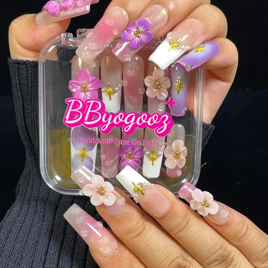 Handmade Press On Nails Medium Long Square Pink 3D Sakura Design Reusable French Acrylic Fake Nails with Gold Stars Pearls for