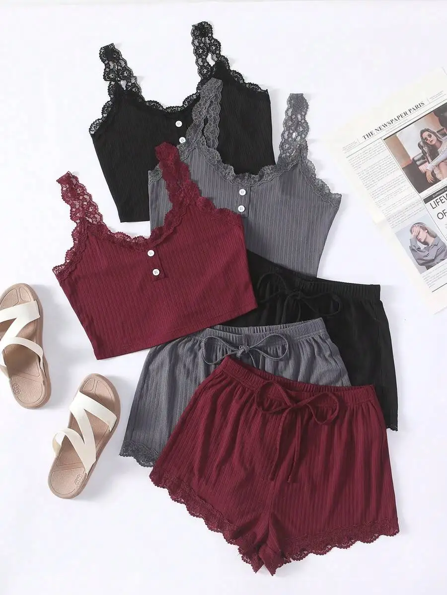 

3-Pack Women's Ribbed Lace Trim Cami & Shorts Pajama Set