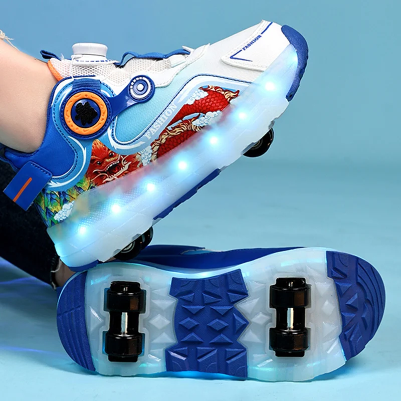 Children's Four Wheel Luminous Sports Shoes LED Light Roller Skating Shoes Boys and Girls USB Charging Training Shoes for Kids