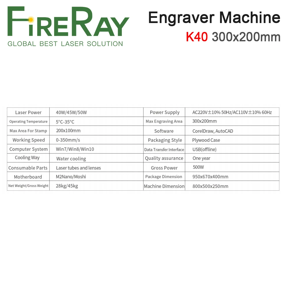 Fireray-彫刻および切断機,レーザー切断機,40w 50w,K40 300x200mm,USBポートとデジタルディスプレイ付きレーザー彫刻機,220v