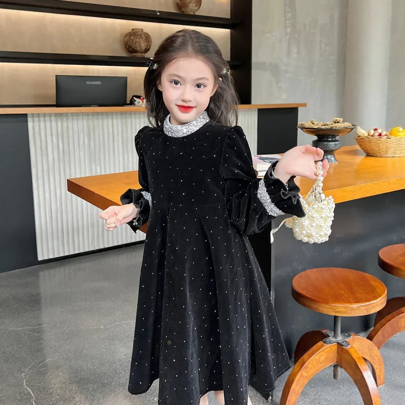 

Новое черное бархатное платье для девочек на осень и зиму, платье принцессы, стильное вечернее платье на флисовой подкладке