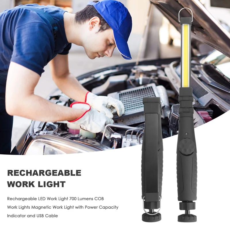 충전식 LED 작업등, 700 루멘 COB 작업등, 마그네틱 작업등, 전원 용량 표시기 및 USB 케이블