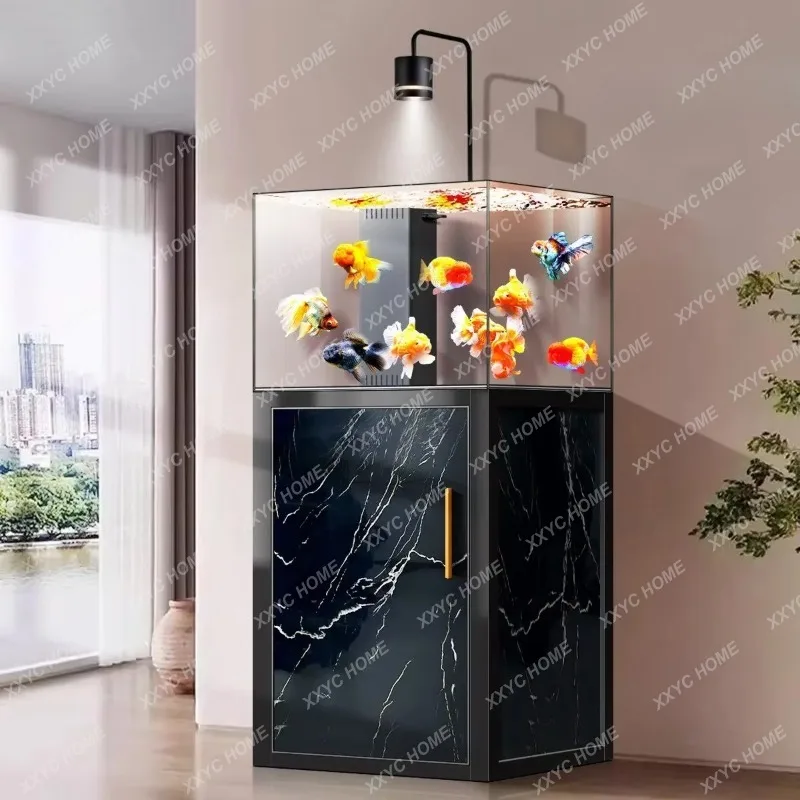 XX Square Gold Crystal Ultra-white Glass Stream Tank Living Room Household Bottom Filter Vertical Wall Industrial Wind Aquari