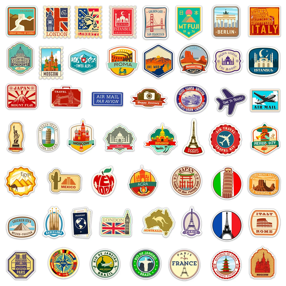 

50PCS World Landmark Travel Cartoon Graffiti Stickers Laptop Phone Snowboard Luggage Fridge DIY Decal Kid Toy Cool Sticker
