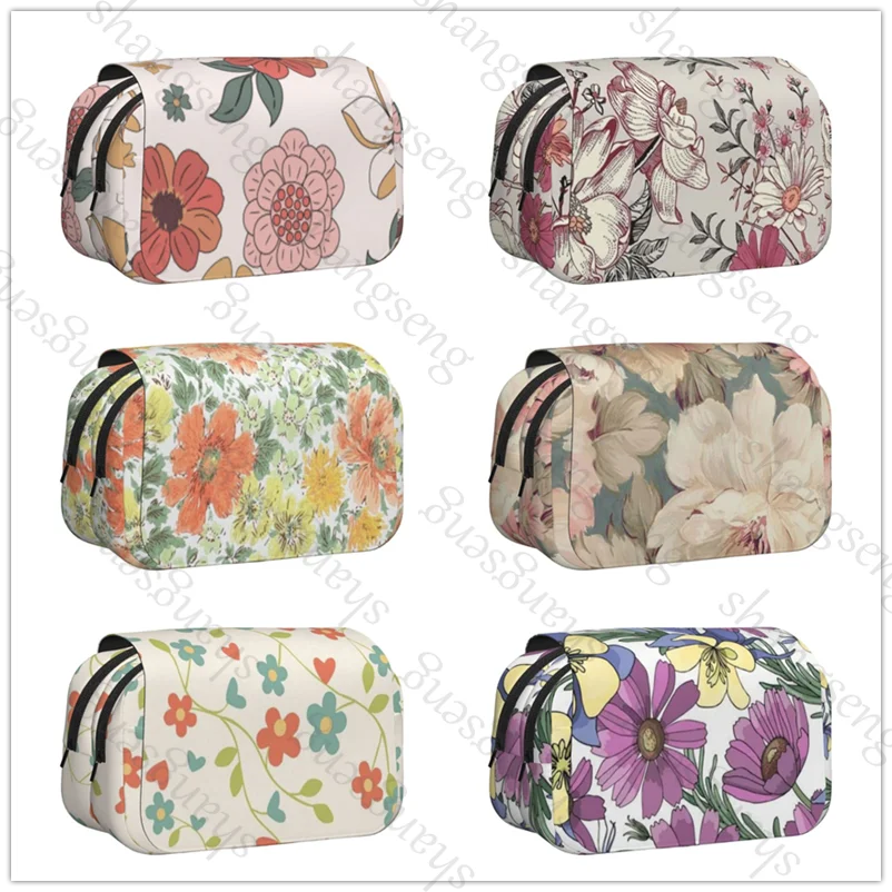 

Retro flowers Pen case Pencil Box Double Flip School Supplies Children's Pencil Box Storage Cosmetic Bag Student Gift