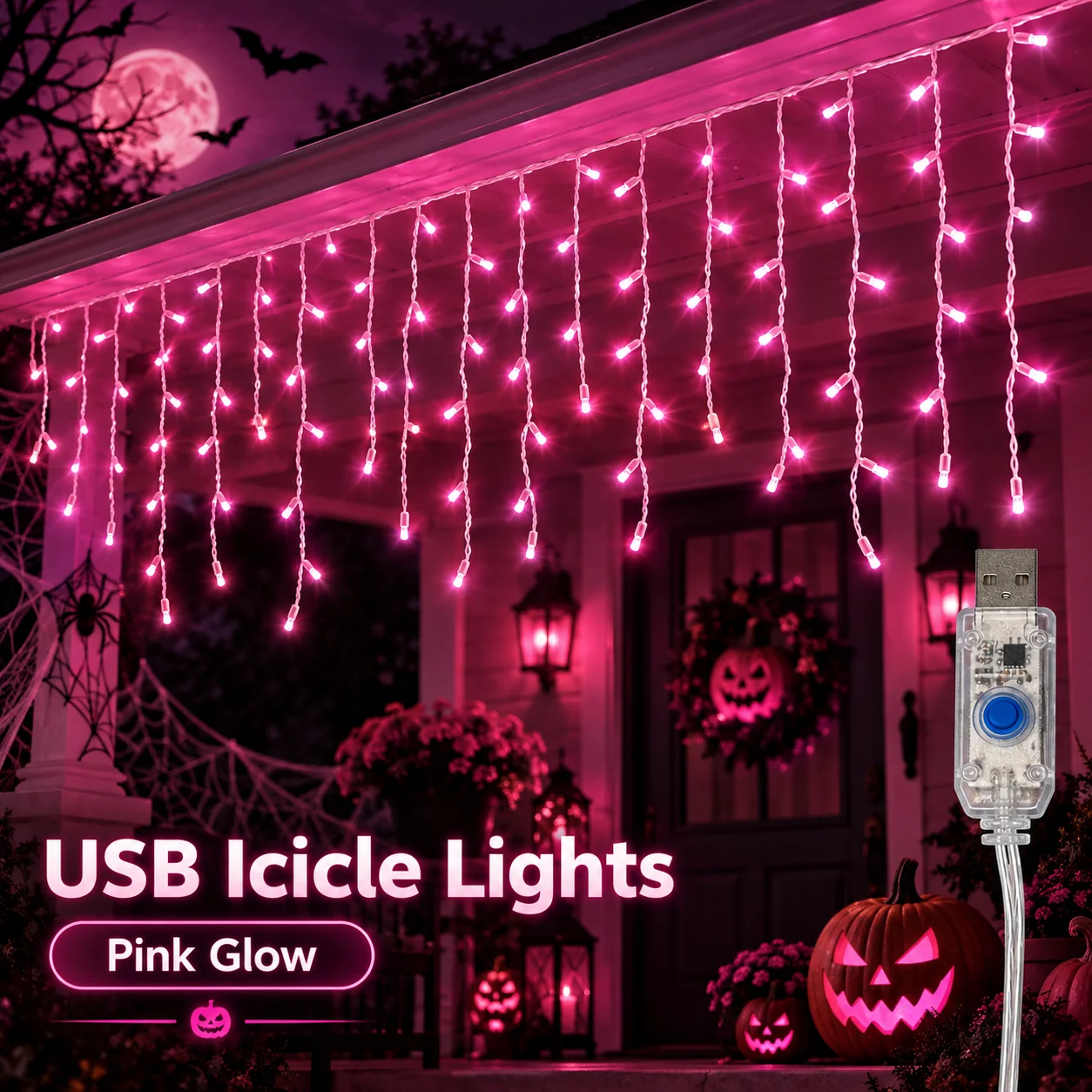 Halloween Lights USB Icicle Rain Curtain 6M/100LED 10M/200LED 8 Modes for Haunted House Roof Eaves Porch Window Party