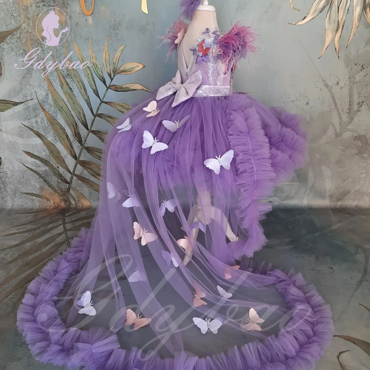 Robe de demoiselle d'honneur violette pour mariage, plume 3D appliquée, gonflée avec nœud à paillettes, bébé enfant, anniversaire, première communion, robe de Rh