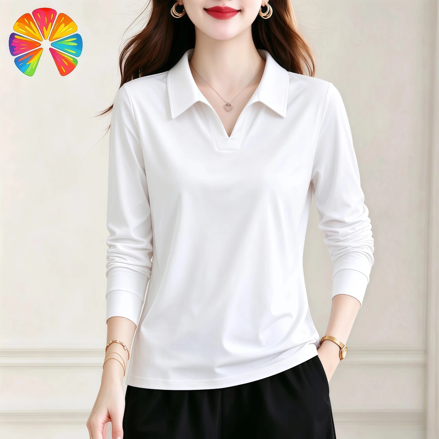 Long Sleeve T-Shirt Women's Base Shirt Spring Autumn Style 2026 Early Autumn Trendy Anti-Aging Flip Collar Quality Top