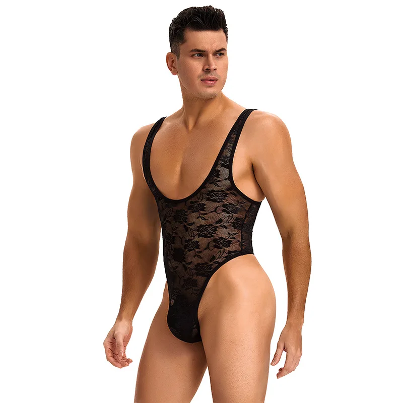 High Quality Transparent Lace Men Bodysuit Undershirts Slim Shaper Onesie Vest Jumpsuits Undershirts Bodywear Sports Singlets