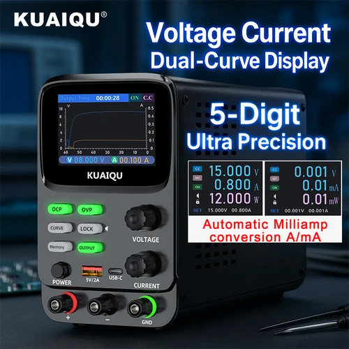 Imagen 1 del producto KUAIQU-fuente de alimentación de laboratorio de banco CC, 30V, 10A, corriente de voltaje, pantalla de doble curva, fuente de alimentación ajustable de Ultra precisión de 5 dígitos, 60V Fuente de alimentación programabl