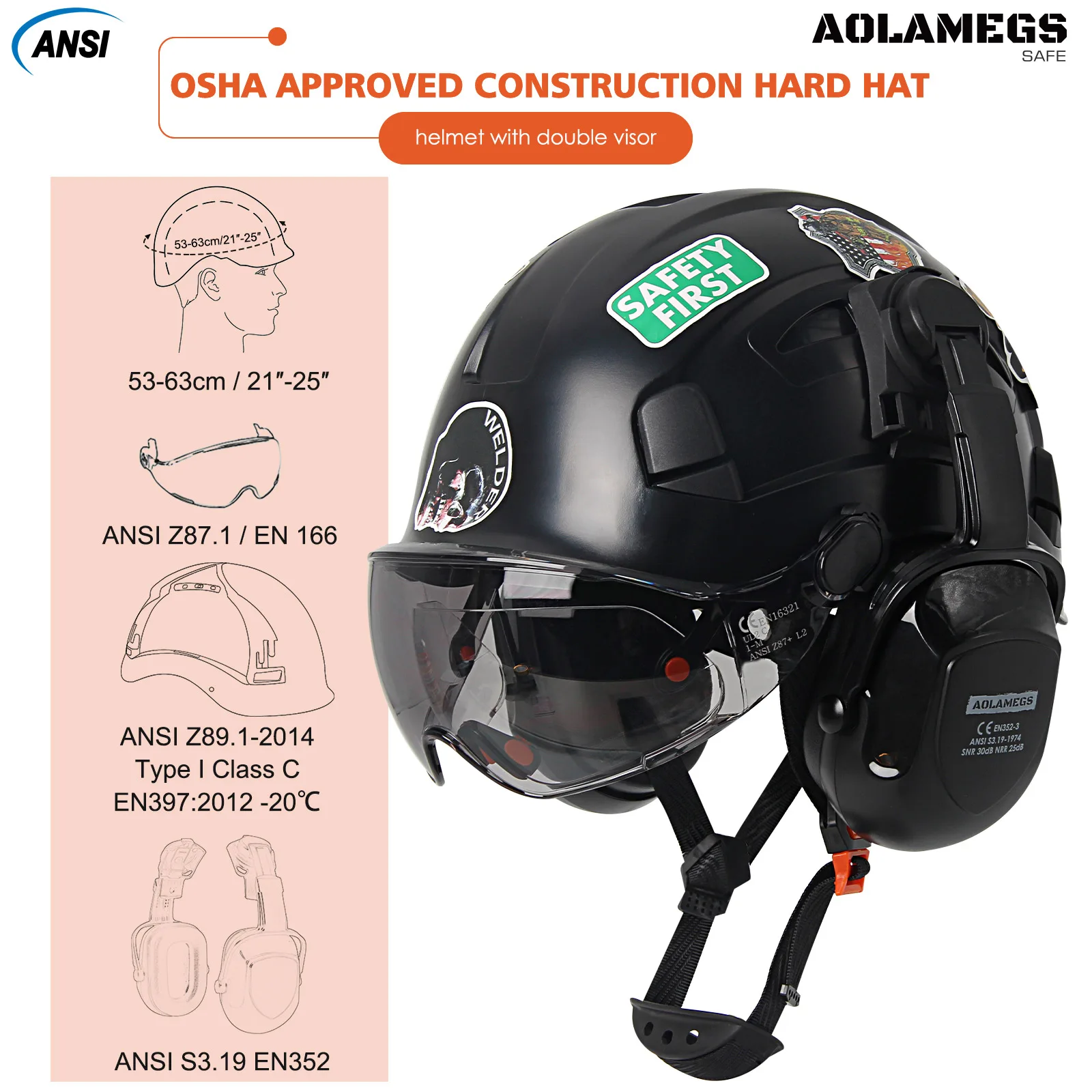 Safety Helmet With Visors Built In Goggles Earmuff Noise Reduction Cartoon Stickers For Engineer CE Hard Hat Industrial Work Cap