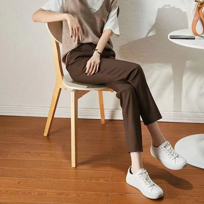 Fashion Office Lady Summer Women Pants Solid Pocket Zipper Temperament Casual High Waist Slim Straight Ankle Length Suit Trouser