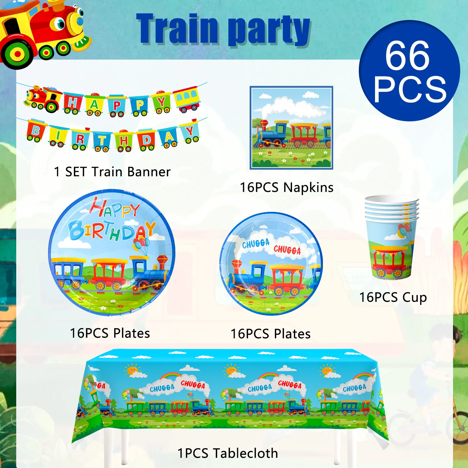 Train Birthday Party Supplies,66pcs Decorations Tableware Set - Train Plates and Cups Napkins & Banner Tablecloth etc