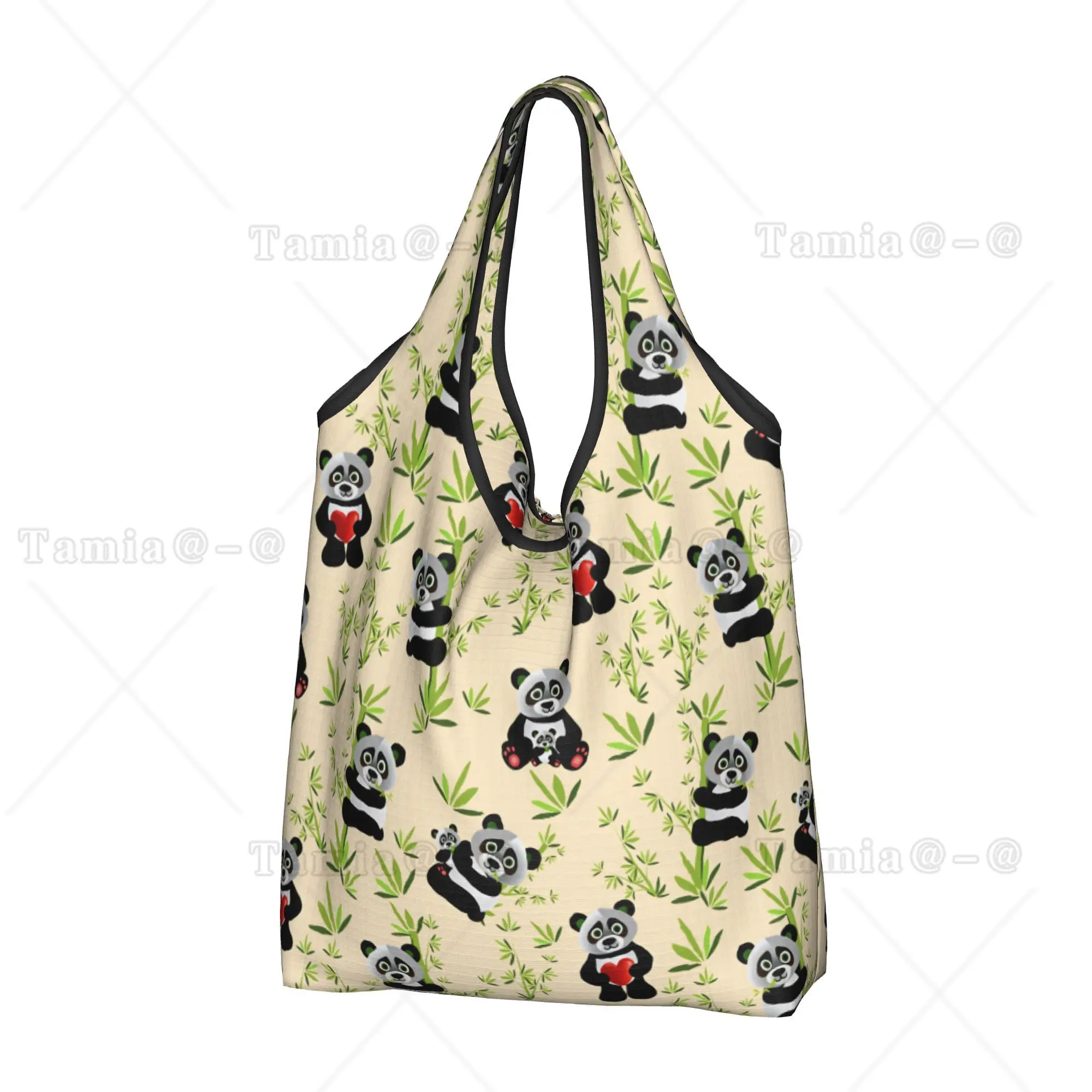 Kawaii Panda Bear Seamless Pattern Green Bamboo Shopping Tote Bags Portable  Grocery Shopper Shoulder Bag