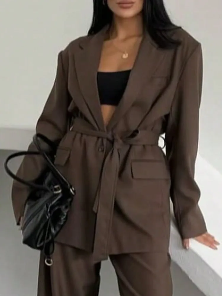 ZMEENNA ผู้หญิงสีน้ําตาลขนาดใหญ่เสื้อแจ็คเก็ต Blazer Tie เข็มขัดแขนยาว Notched Lapel Casual หลวม Fit Outerwear แฟชั่น ZM3251