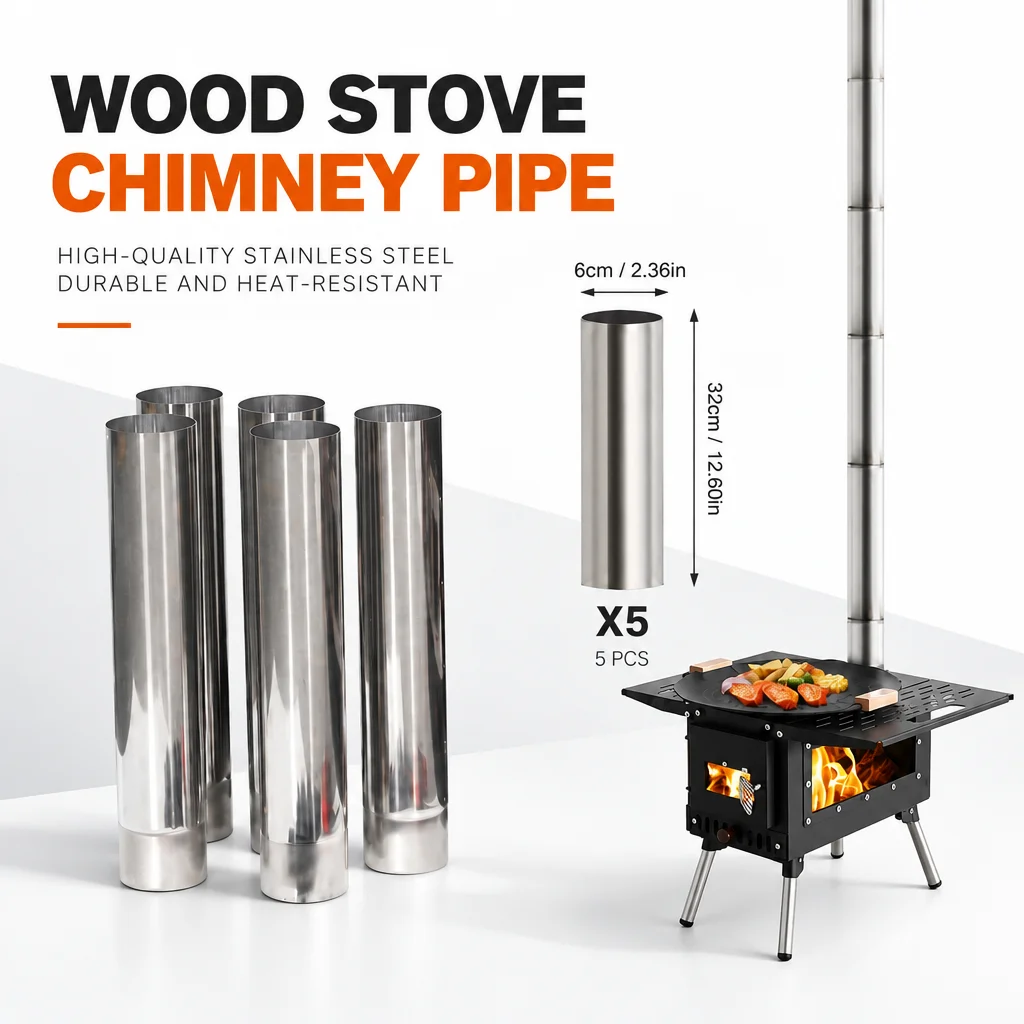 5Pcs Stainless Steel Chimney Pipe Heat Resistant Camping Wood Stove Flue Tube Easy Install Replacement Smoke Pipe