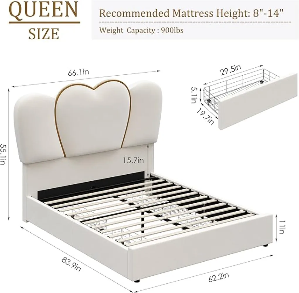 Bed Frame,Large LED bed frame, heart-shaped headboard, 4 storage drawers, modern velvet cushion, solid wood support,Bed Frame.