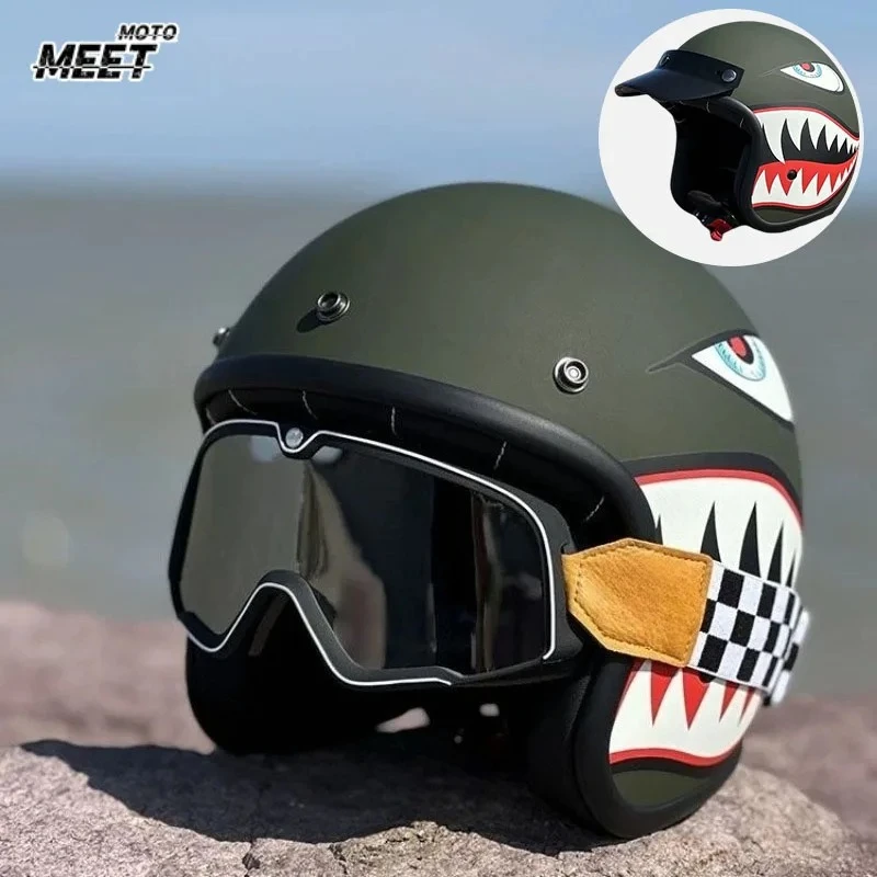 アーミーグリーン-シャークマウス-レトロ-セミオープン-バイクヘルメット-クロスカントリー-バイクアクセサリー-バイクヘルメット-3-4ヘルメット