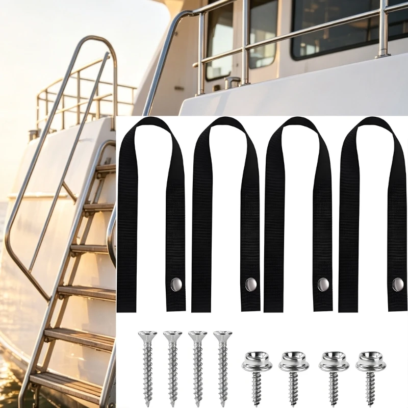 Marine Ladder Strap for Boats Boarding Ladder Securing Black Nylon Webbing with Metal Hardware for Quick Replacement