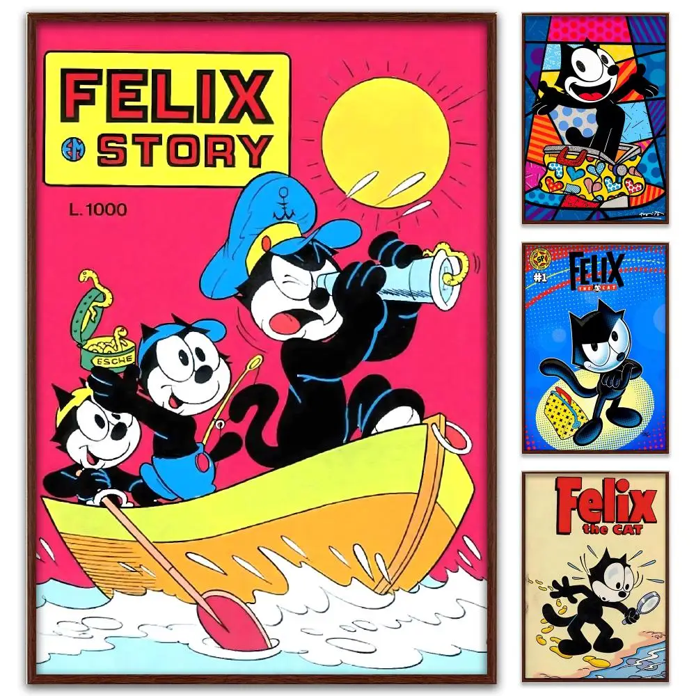 Felix the Cat Classic Retro Cartoon Poster Self-Adhesive PP Paper HD Wall Decal for Study Living Room Garage DIY Gift