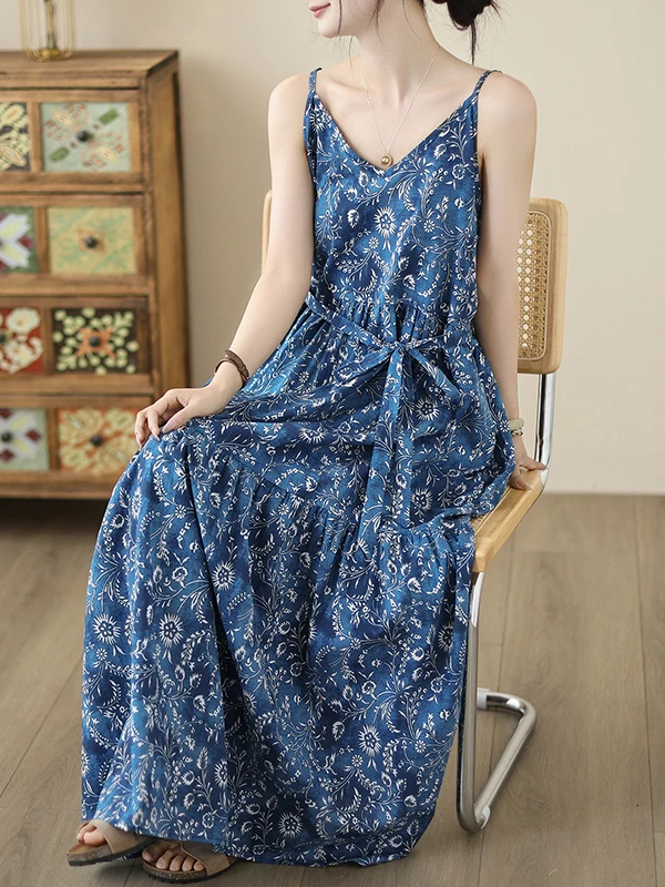 เสื้อกั๊กลายดอกไม้สไตล์เรโทรสำหรับผู้หญิง ชุดเดรสยาวทรงเอ ผ้าบางเบาใส่สบายช่วงฤดูร้อน ช่วยพรางหุ่นให้ดูเพรียวบาง แบบไม่มีแขน...
