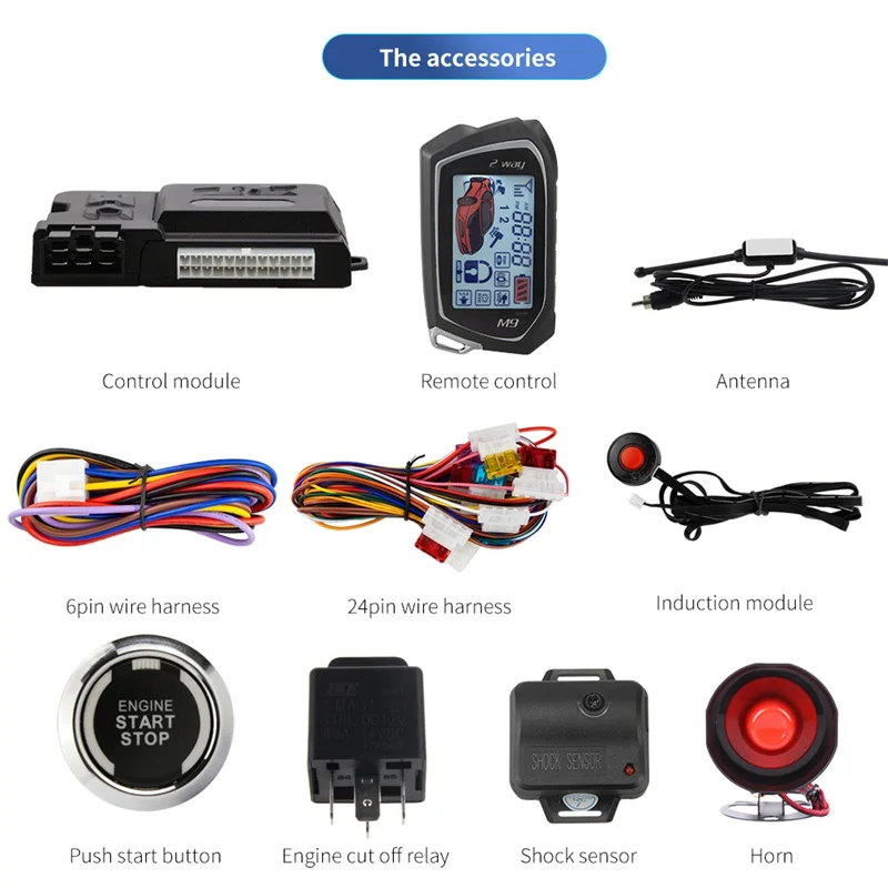 2 Way Car Alarm LCD Display With Induction Module Remote Start Push Button Shock Sensor Microwave Detection Warning Siren