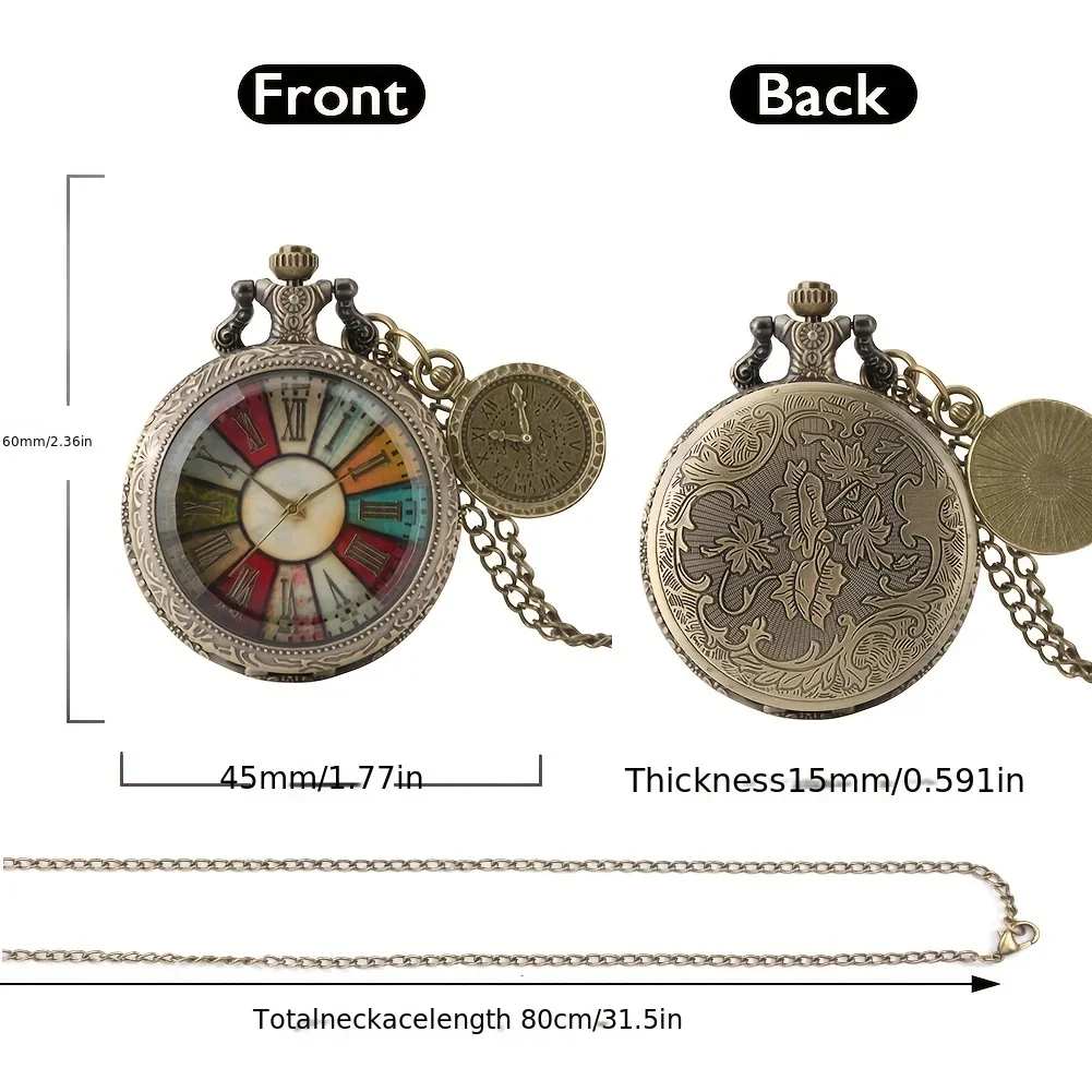 1pc Antique Pocket Watch Necklace Gift Men Women Colorful Roman Numeral Dial With Roman Label Pendant Quartz Clock