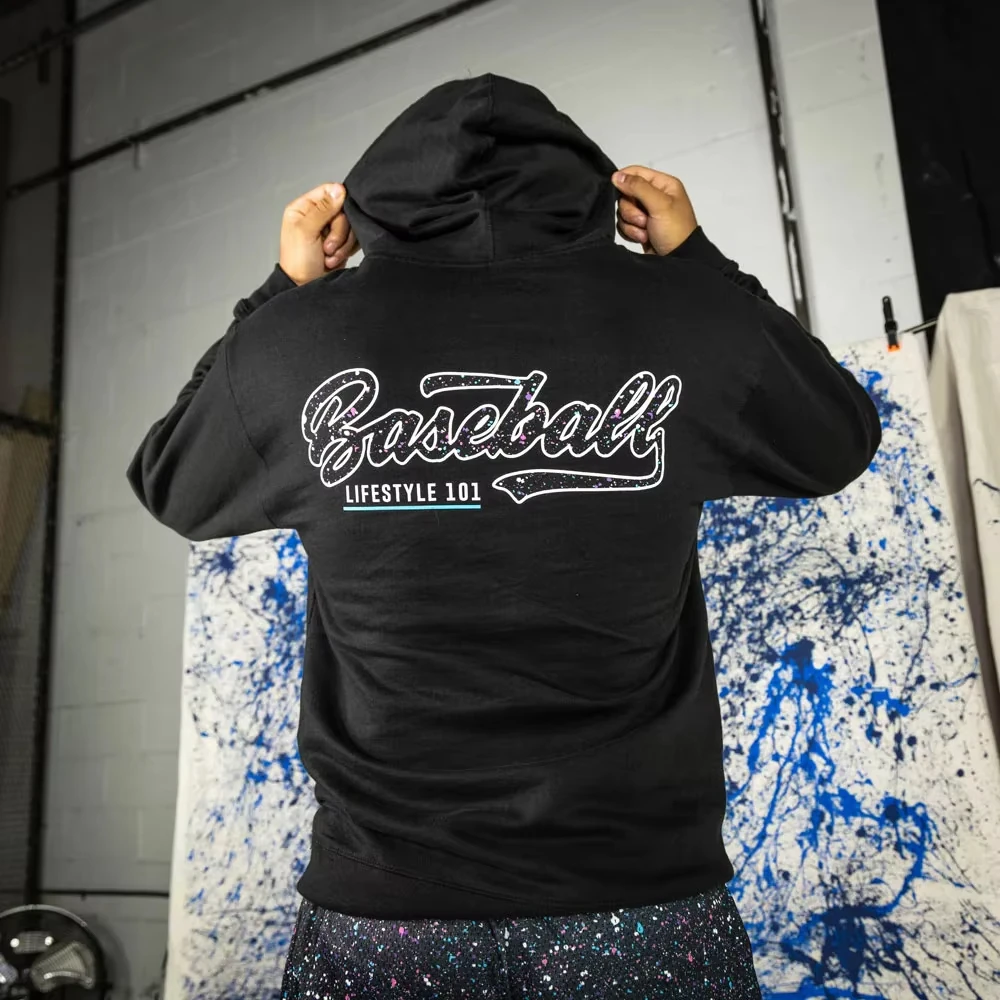 2026 New Splatter Hoodie Black Galaxy Baseball Lifestyle 101 Letter Graphic Men's Casual Pullover Hooded with Sparkle Print