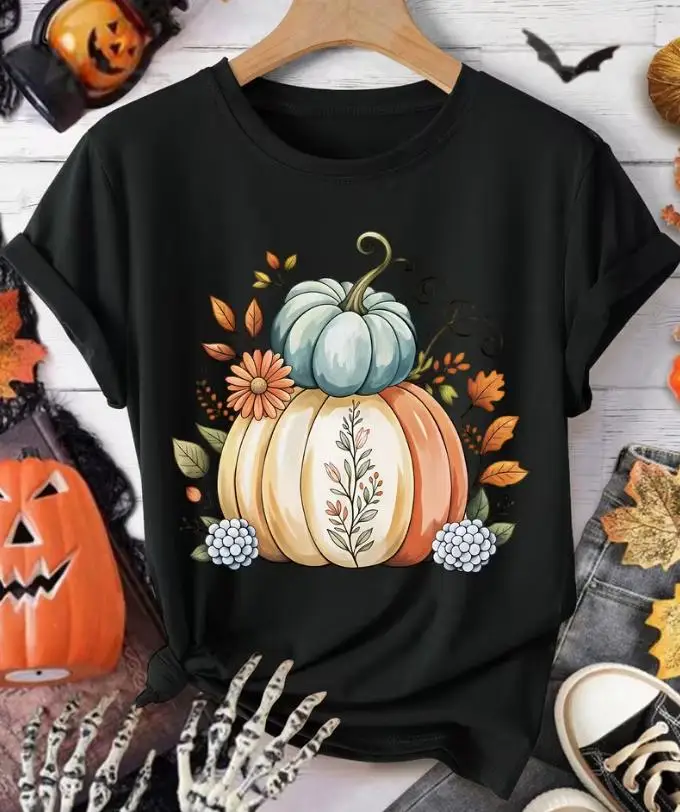 Women Boho Pumpkin Floral Graphic T Shirt Pastel Stacked Pumpkin Daisy Leaves Floral Print Round Neck Short Sleeve Casual Tee Fall Halloween Gift Top