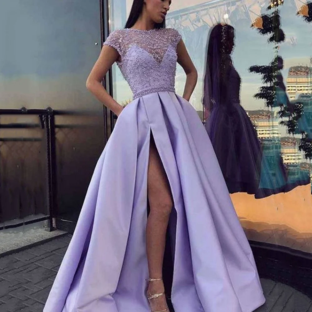 Customized Elegant Cap Sleeves Party Gowns A Line High Split Evening Gown Lace New Prom Dresses Vestidos De Novia