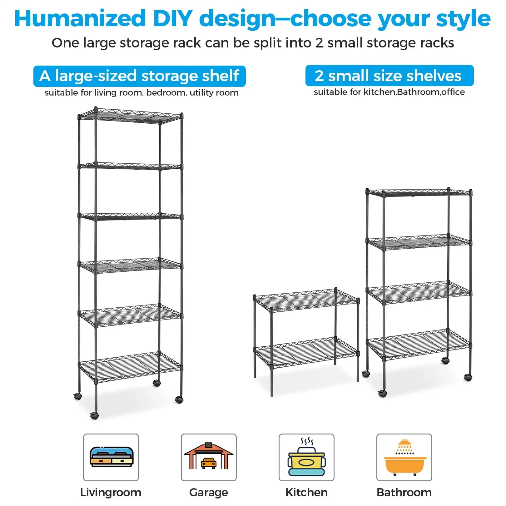 6-Tier Shelf Rack Wire Shelving Unit Storage Height Adjsutable Metal Shelf with 4 Side Hooks