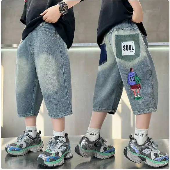 New Summer Shorts Denim Short for Kid Boys Beach Short Children Casual Letter Print Jean Short Pant for Teenager Boy 2- 12 Years