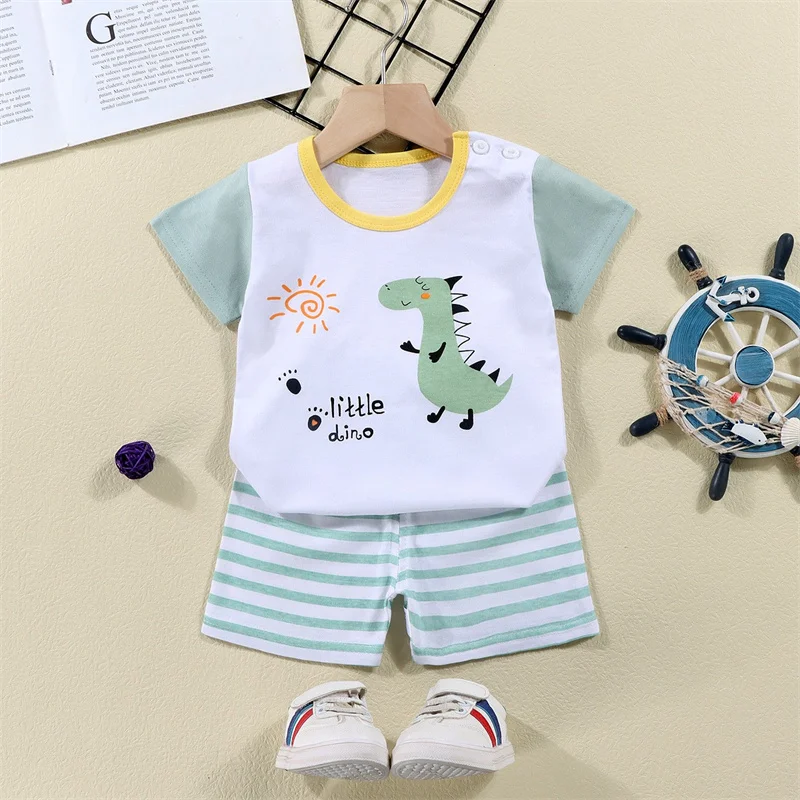 T-shirt in cotone + pantaloncini Set tuta in 2 pezzi Kid Cartoon Zebra Dinosauro Stampa Vestito estivo Bambini Ragazzi Ragazze Bambino 1-6 anni Vestiti