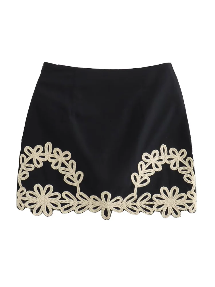 Zevity 2024 Nieuwe Vrouwen Mode Bloem Borduren Applique Een Lijn Mini Rok Faldas Mujer Vrouwelijke Chic Zijrits Vestidos QUN 6208