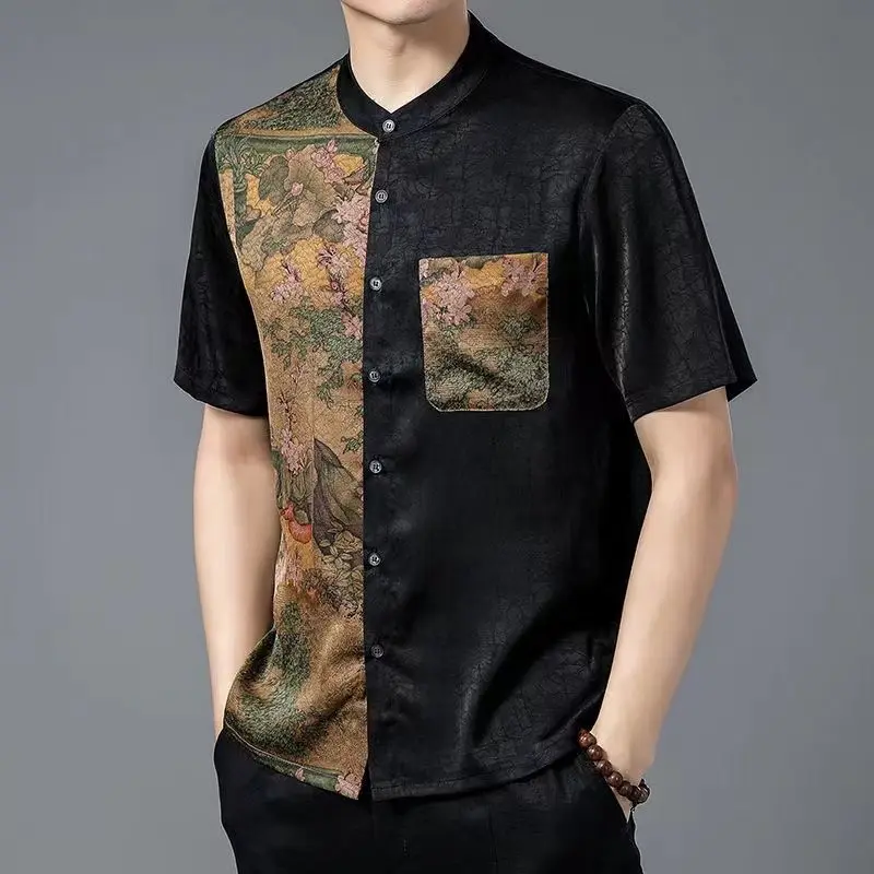 

2024 New Summer Handsome Loose Casual Men's Wear American Retro Men's Shirt Irregular Splicing Pockets O Neck Short Sleeve Tops