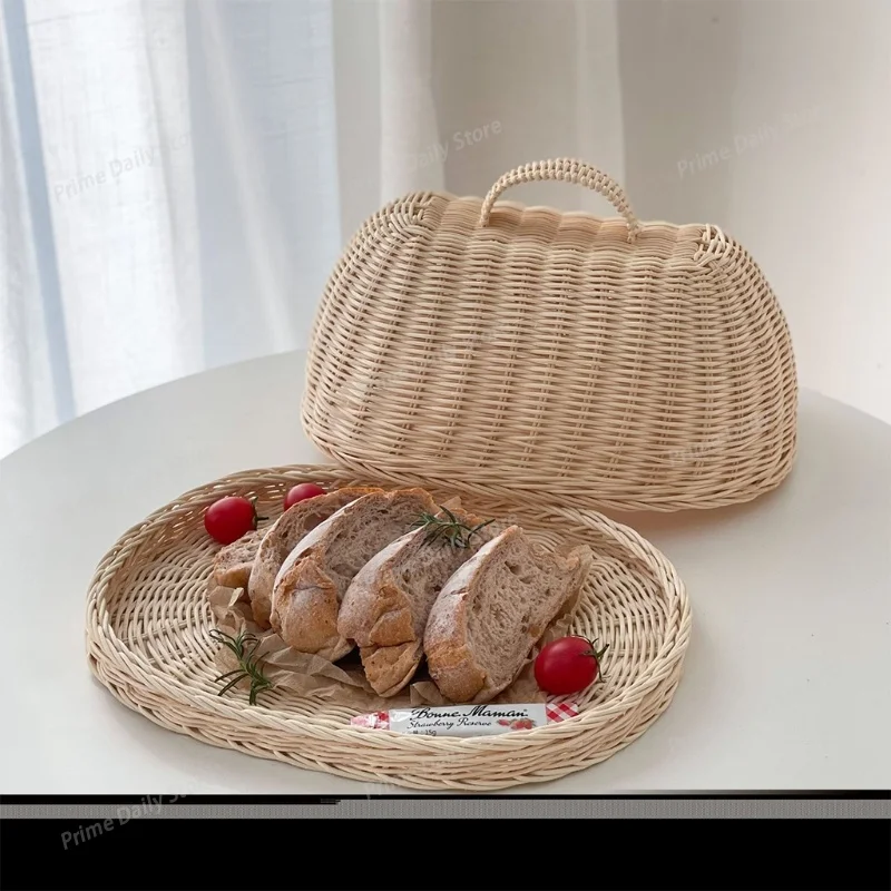 Hand‑woven Rattan Food Storage Tray with Dust‑shield Lid, Multipurpose Kitchen Pantry Organizer for Fruit & Vegetable Serving
