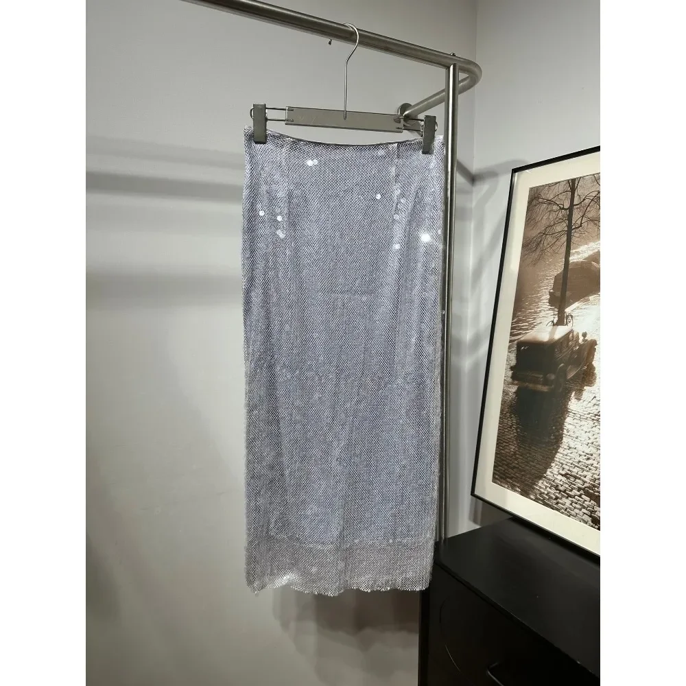 

Blouse Tops and Midi Skirt Set 2025 Silver Sleeveless Shining Sequined