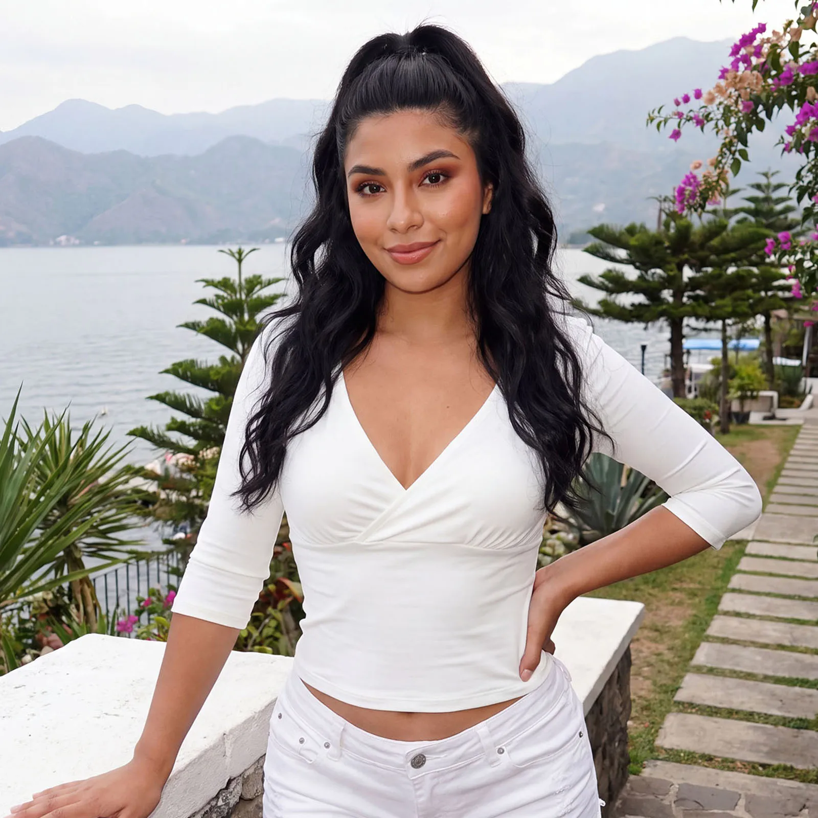 Women Spring Fall 3/4 Sleeve Crop Tops Solid Color Ruched V Neck Slim Fit T-shirts