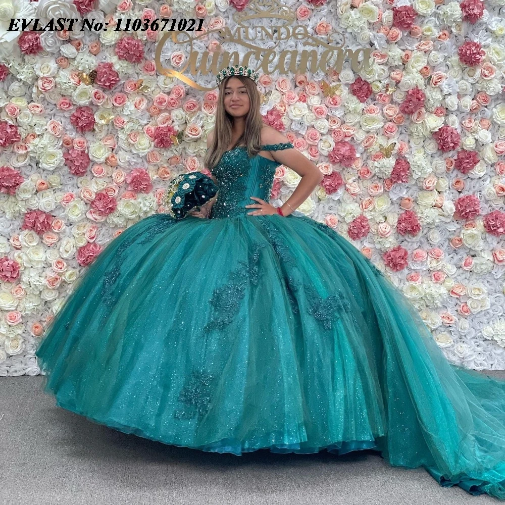 

EVLAST Sparkly Green Quinnceanera Dress Ball Gown Lace Applique Beading Crystal Mexico Corset Sweet 16 Vestidos De 15 Anos SQ706