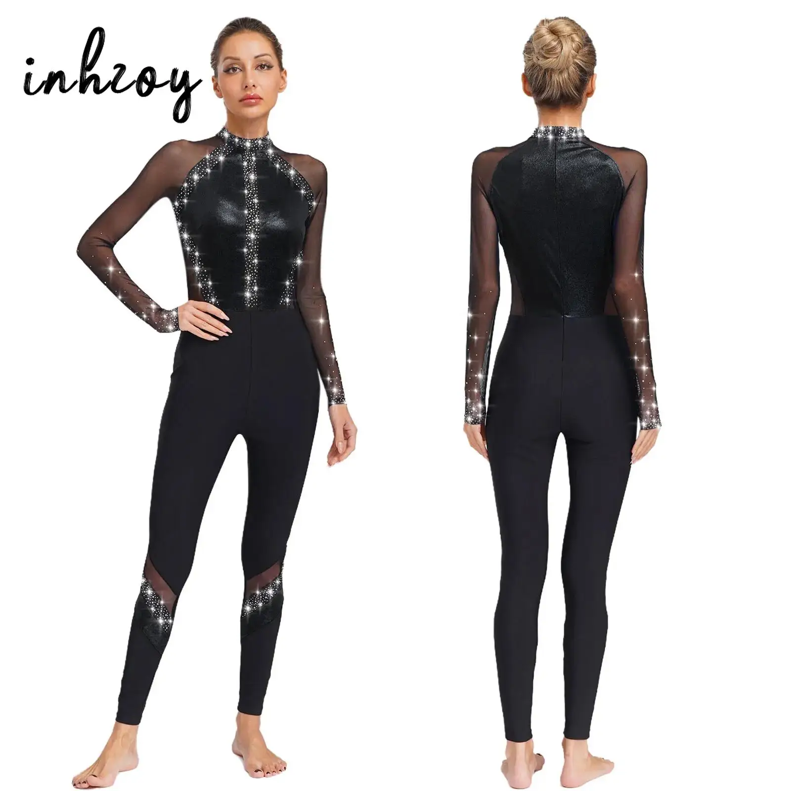 Dames ballet gymnastiek dans jumpsuit kunstschaatsen prestatie kostuum full body turnpakje met strass mesh lange mouw