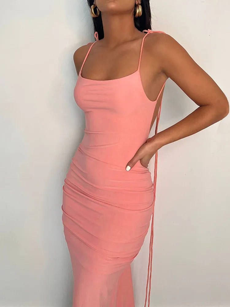 

hirigin Elegant Bandage Spaghetti Strap Ruched Long Dress for Women Party Club Vestido Sexy Backless Draped Dresses Streetwear