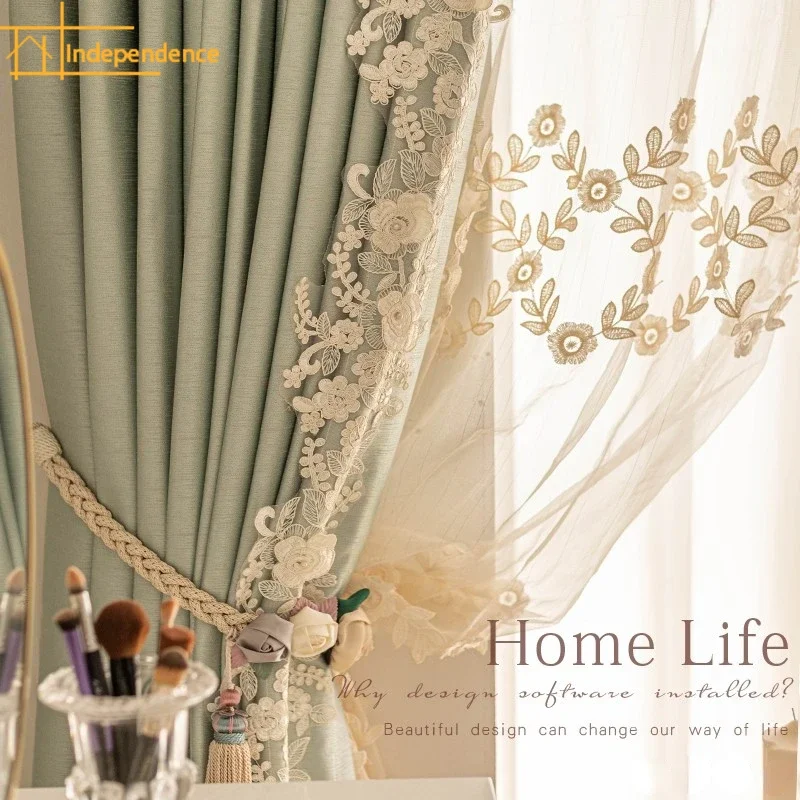 French Embroidered Vintage Mint Green Glossy Lace Patched Luxury Curtains for Living Room Bedroom Blackout Balcony Window Screen