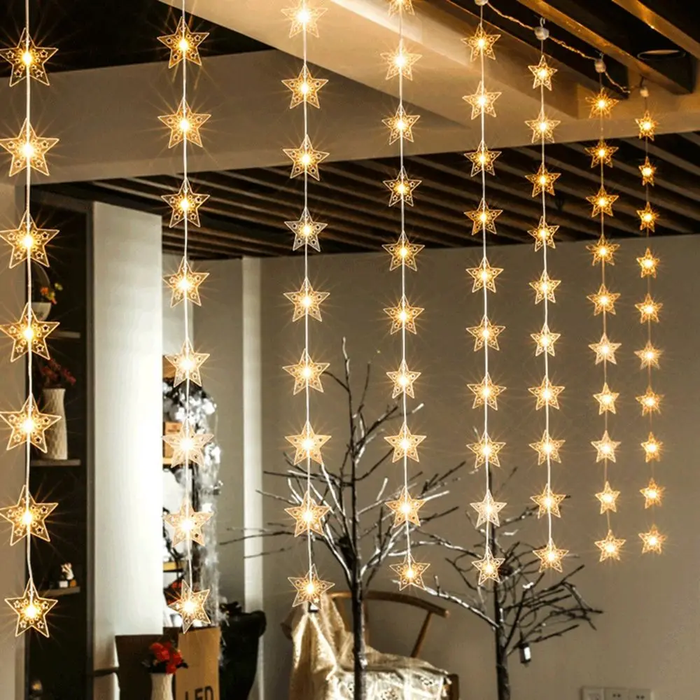 100/200 LEDs Fairy Five-pointed Star Room Layout Hanging Type Curtain String Lights Window Decor LED Star Lamp Xmas Lighting