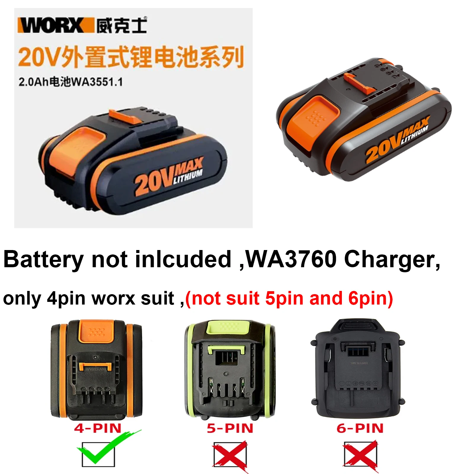 Worx WA3760 charger For 20V Lithium Battery 4Pin WA3551.1 WA3572 WA3550 WA3553 etc (EU PLUG)