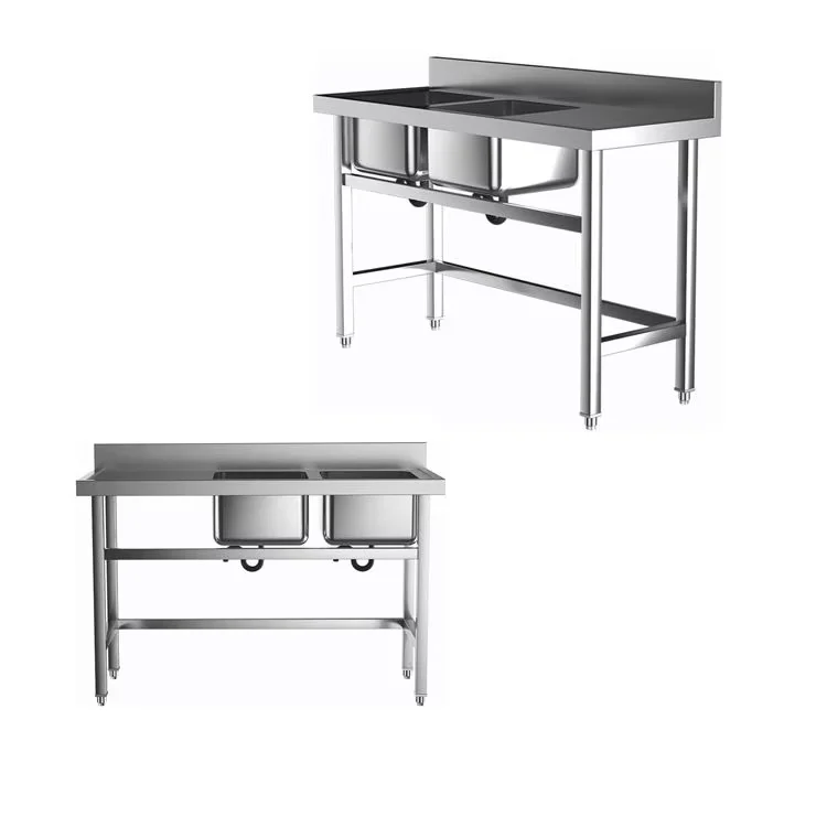 Commercial Hotel Kitchen Equipment Double Bowl Stainless Steel Sink with Work Table Square Shape and Two Holes view 6