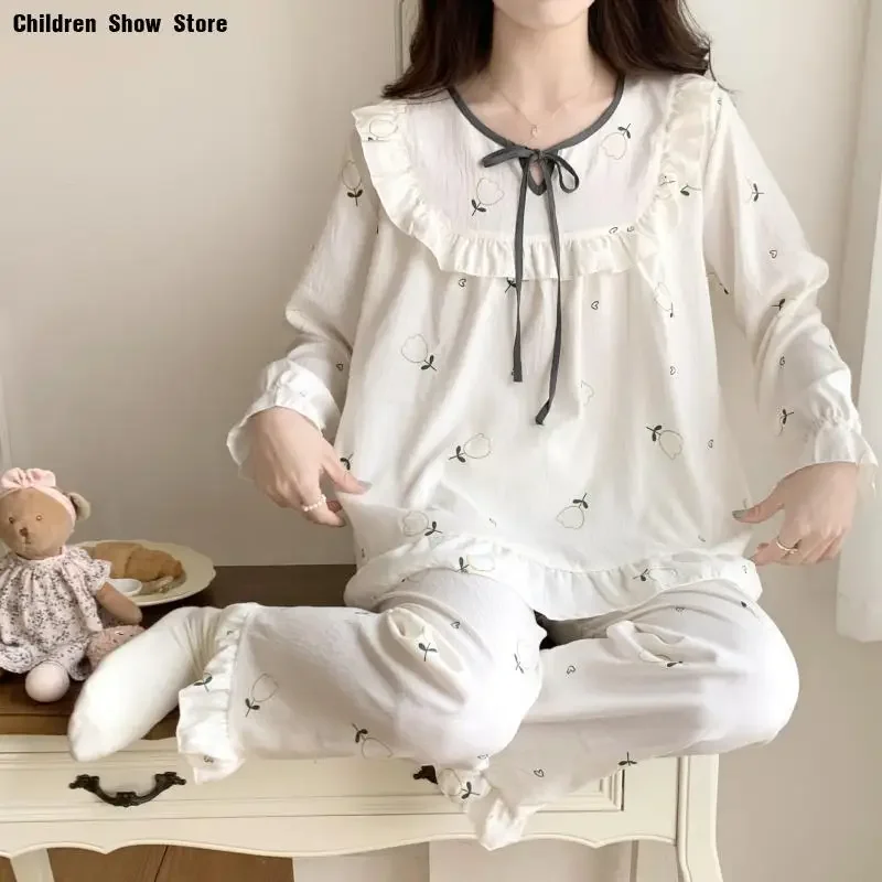 Pijama amarelo claro com calças femininas, doce, gola com babados, calças, terno de algodão estampado, pijama despeje femme, roupa de dormir solta