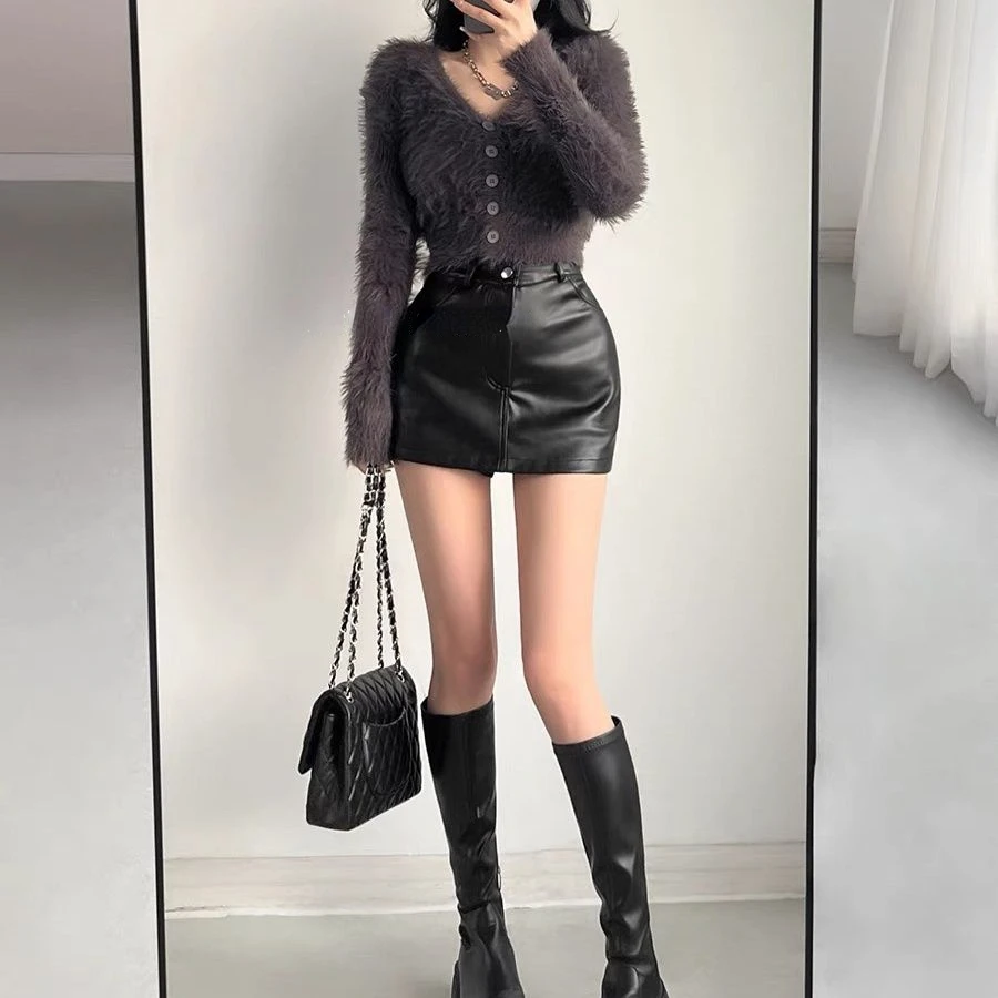 Retro Pu Leather Skirt for Women's Autumn Winter High Waist Sexy A-line Shorts Skirt Fashion Female Clothing Black Brown