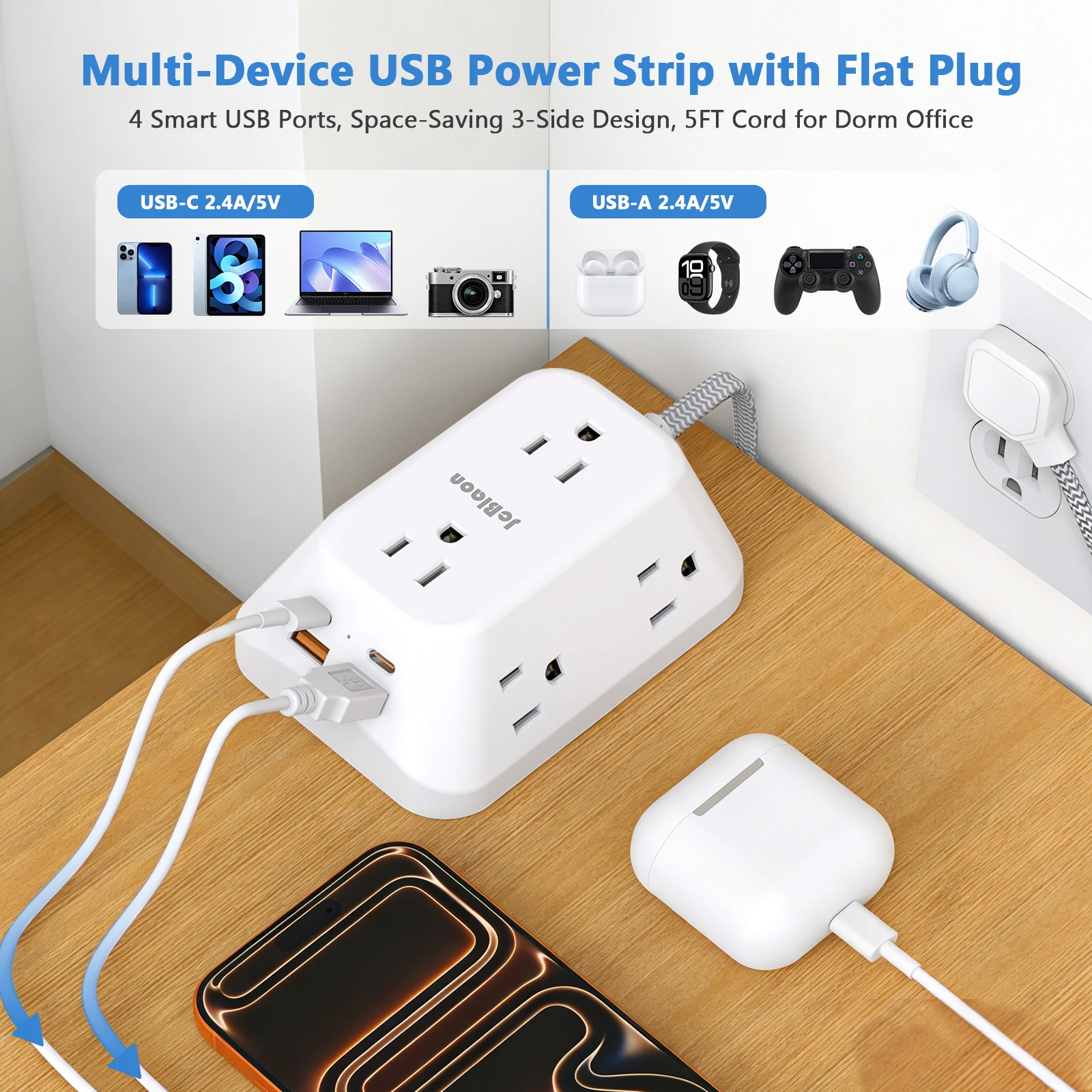 Power Strip with USB-C PD Fast Charging – US Plug Multi Outlet Extension Cord 3